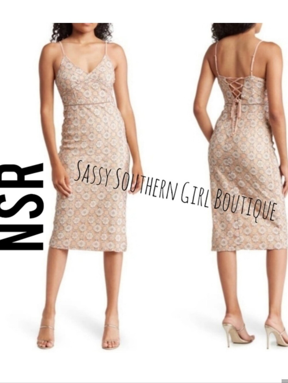 🆕⭐ NSR Tan Lace Overlay Midi Dress